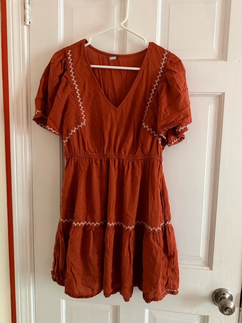 Burnt Orange Tiered V-Neck Mini Dress with White Stitching